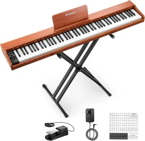 Donner DEP-1S Piano Keyboard 88 Keys, Beginner Digital Piano with 88 Key Velocity-Sensitive Keyboard, Record, Bluetooth, Chord, Bundle With Piano Stand, Piano Stickers, Sustain Pedal, Retro Wood Color