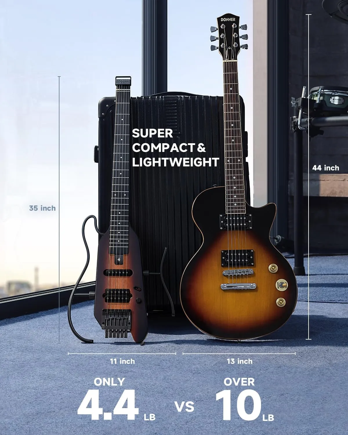 Donner HUSH X Electric Guitar Kit - Featherlight Headless Guitar, Great for Travel and Practice, Mahogany Solid Body with Easy Assemble Stands, Gig Bag, All Accessories, Sunburst