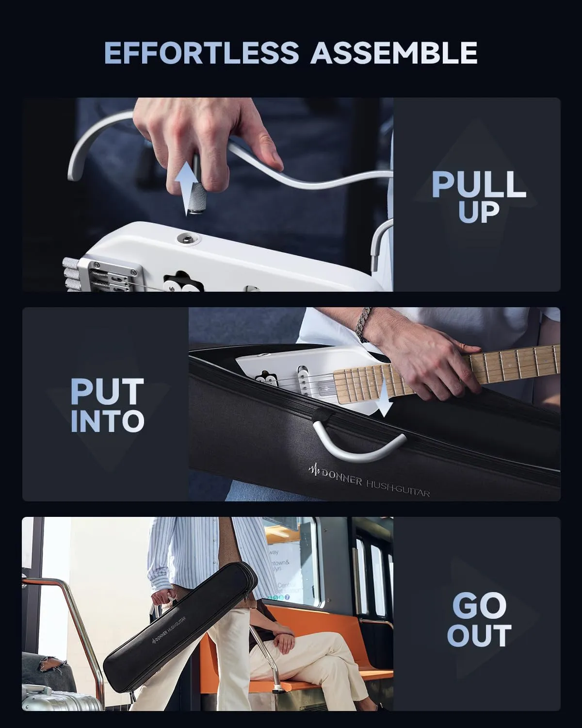 Donner HUSH-X Electric Guitar Kit - Featherlight Travel Guitar with Easy Assemble Stands, Great for Travel and Practice, Mahogany Solid Body, Gig Bag, All Accessories, Metallic White
