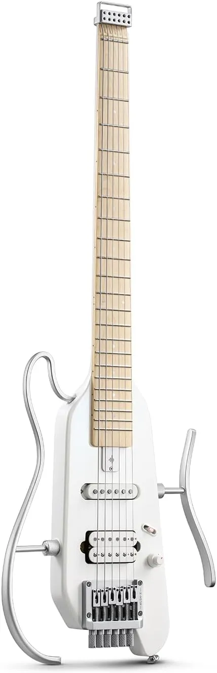 Donner HUSH-X Electric Guitar Kit - Featherlight Travel Guitar with Easy Assemble Stands, Great for Travel and Practice, Mahogany Solid Body, Gig Bag, All Accessories, Metallic White