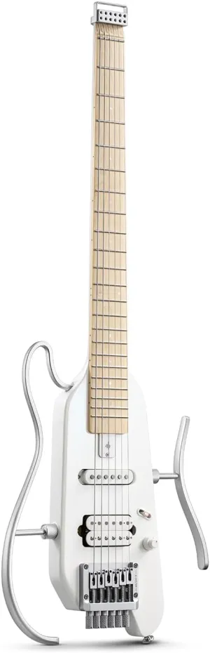 Donner HUSH-X Electric Guitar Kit - Featherlight Travel Guitar with Easy Assemble Stands, Great for Travel and Practice, Mahogany Solid Body, Gig Bag, All Accessories, Metallic White