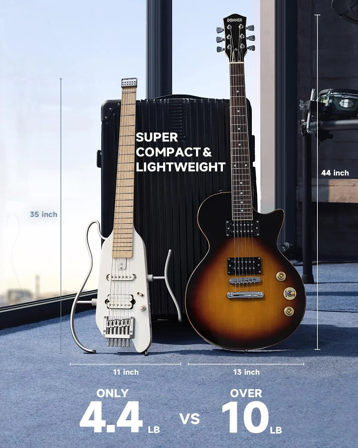 Donner HUSH-X Electric Guitar Kit - Featherlight Travel Guitar with Easy Assemble Stands, Great for Travel and Practice, Mahogany Solid Body, Gig Bag, All Accessories, Metallic White