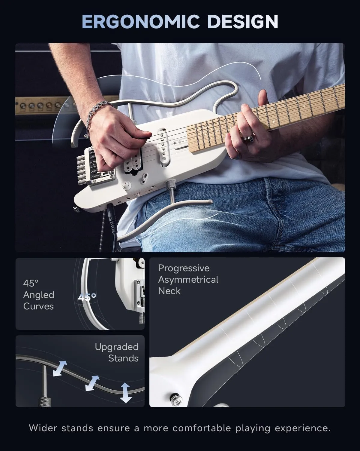 Donner HUSH-X Electric Guitar Kit - Featherlight Travel Guitar with Easy Assemble Stands, Great for Travel and Practice, Mahogany Solid Body, Gig Bag, All Accessories, Metallic White