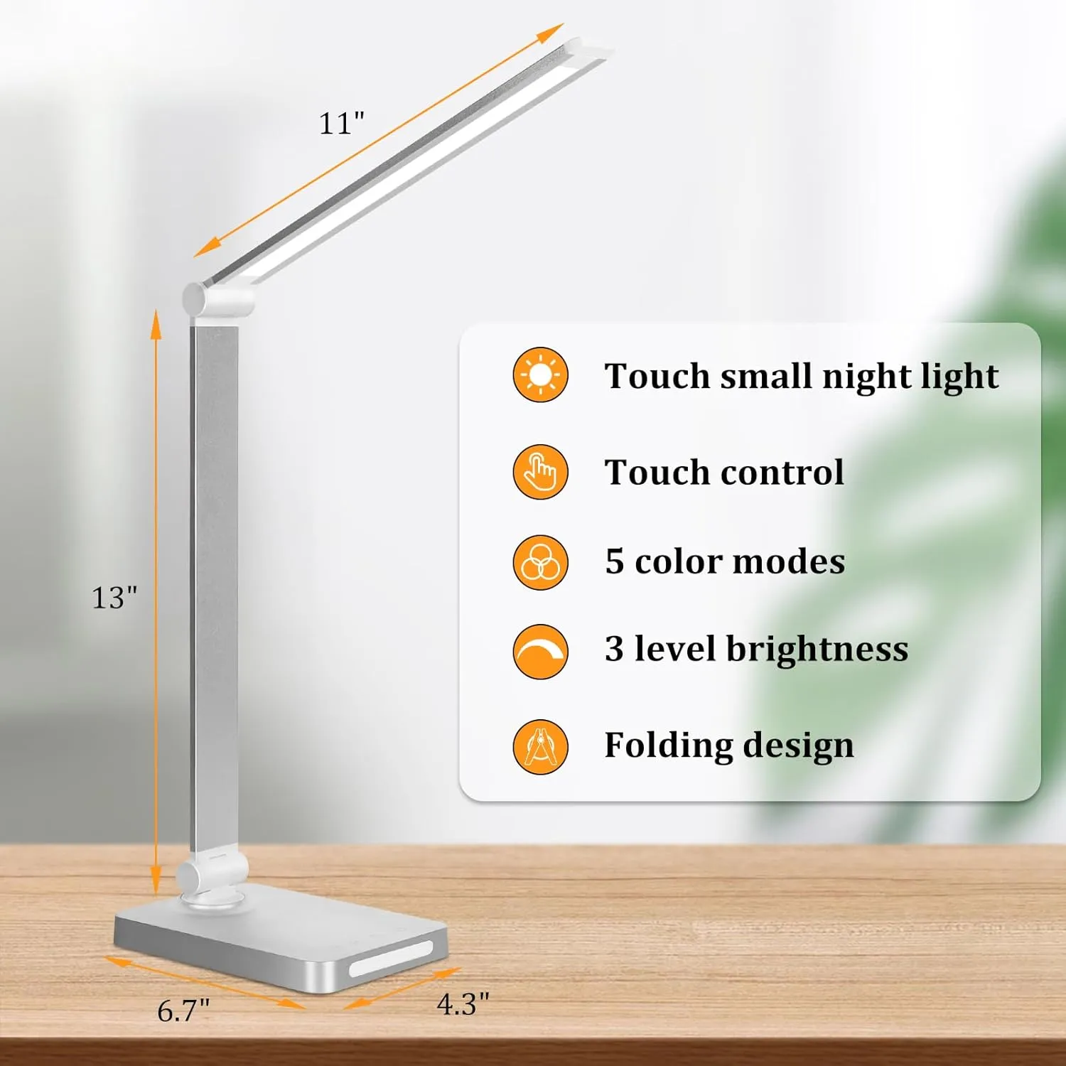 Dott Arts LED Desk Lamp with USB Ports,Touch Desk Lamps for Home Office with 5 Color Modes,3 Brightness Desk Light with Small Night Light,Reading Lamp Table LED Lamp for Bedroom Bedsid Study Sliver