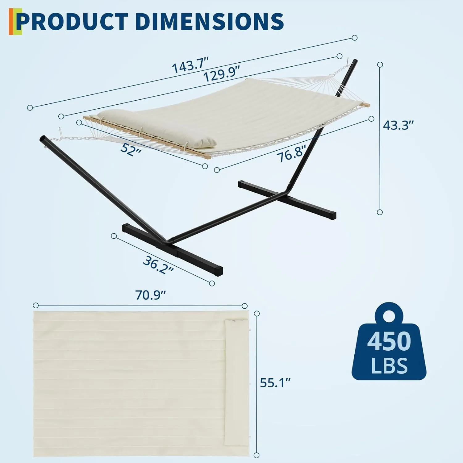 Double Hammock with Space Foldable Saving Steel Stand Included 2 Person Heavy Duty Outside Garden Yard Outdoor 450lb Capacity for Garden, Camping