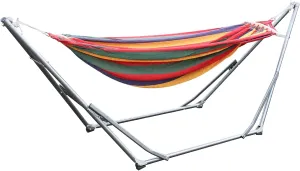 Double Hammock with Space Saving Metal Stand and Carrying Bag, Indoor Hammock Stand, Strong Load-Bearing, Striped Print, Dual-bar