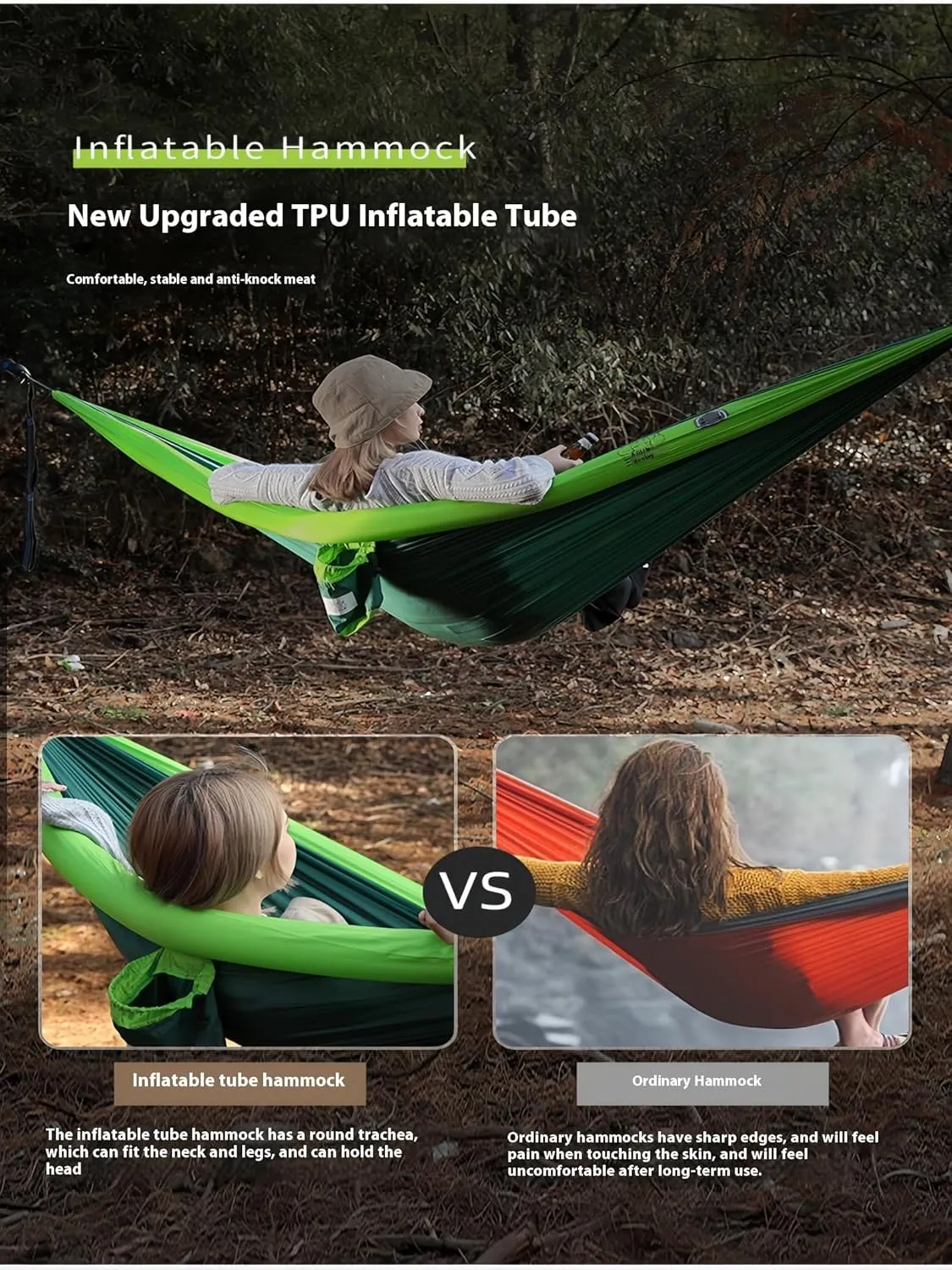 Double Inflatable Hammock, Neck Protection Design, can Prevent Rollover, 106 * 55 inches (Dark Green)