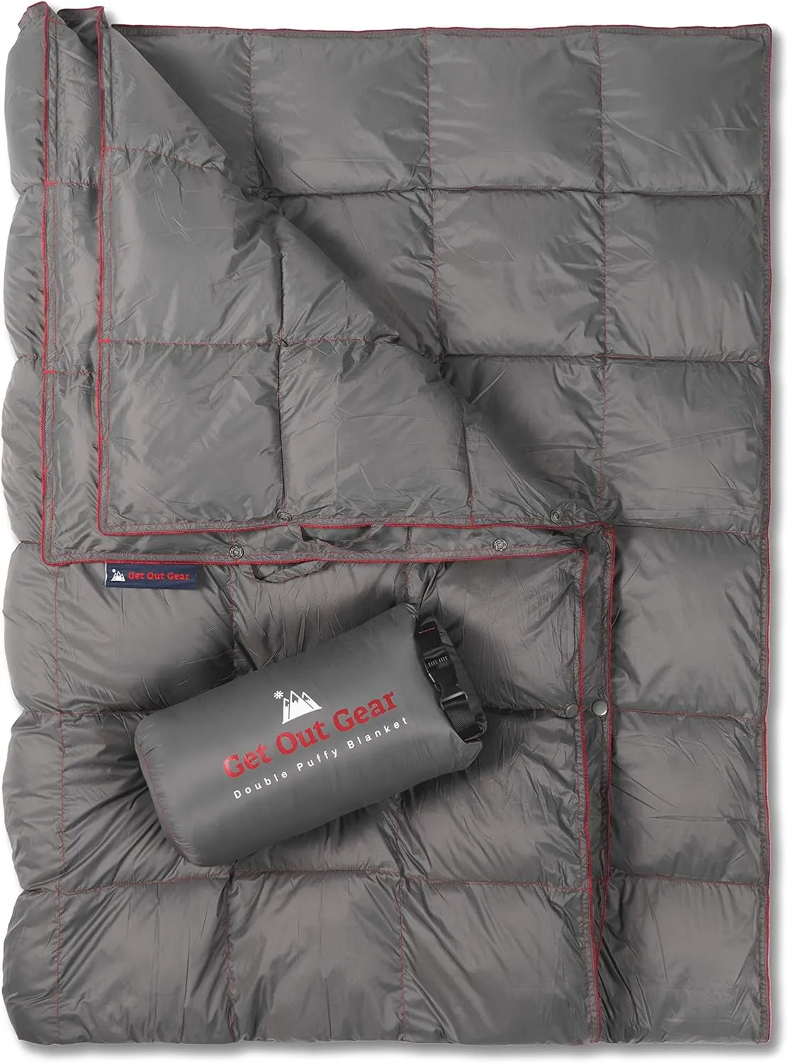 Double Puffy Camping Blanket - Extra Puffy, Packable, Lightweight and Warm | Ideal for Outdoors, Travel, Stadium, Festivals, Beach, Hammock | Water-Resistant Camp Quilt (Gray/Burgundy)