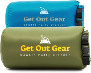 Double Puffy Camping Blanket - Olive and Teal Blue Bundle - Extra Puffy, Packable, Lightweight and Warm | Ideal for Outdoors, Travel | Water-Resistant Camp Quilt