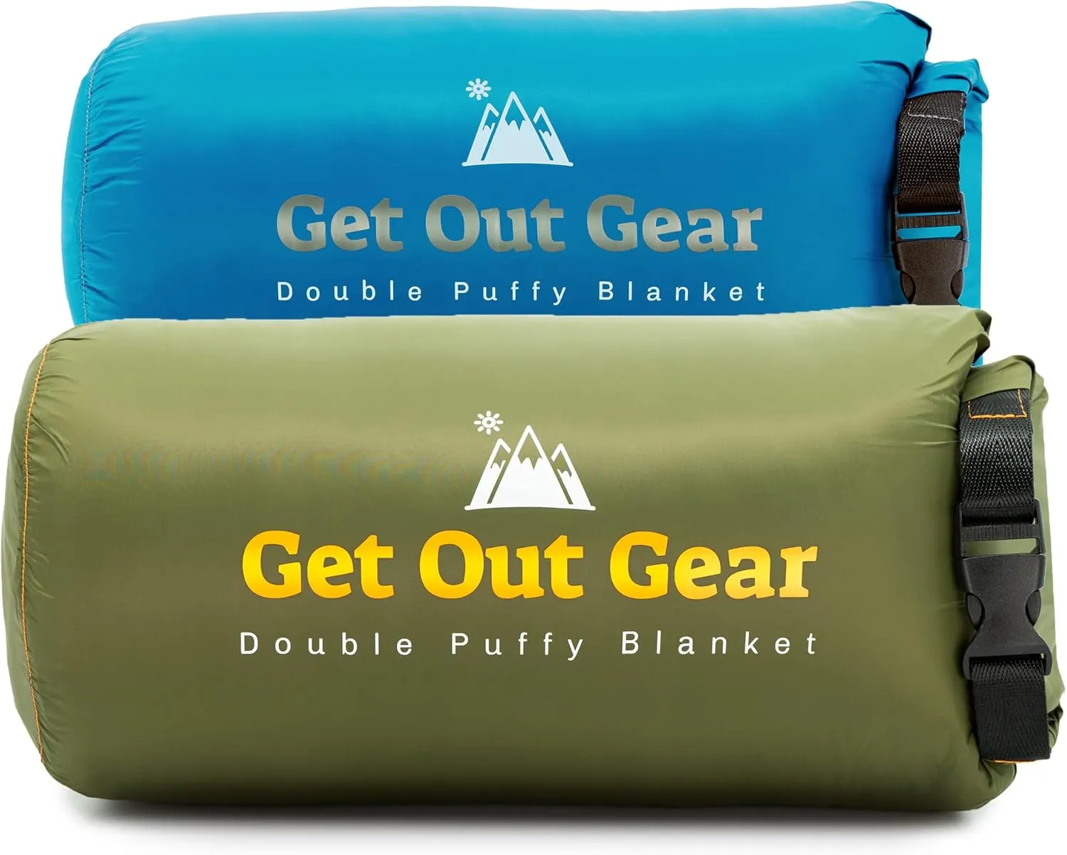 Double Puffy Camping Blanket - Olive and Teal Blue Bundle - Extra Puffy, Packable, Lightweight and Warm | Ideal for Outdoors, Travel | Water-Resistant Camp Quilt