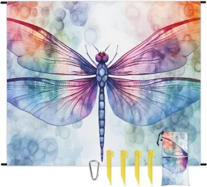 Dragonfly Animal Lightweight Beach Blanket Waterproof Sandproof 59"X68" Sand Free Beach Mat with 4 Stakes Compact Outdoor Blanket for Beach Quick Drying Picnic Mat for Travel Camping