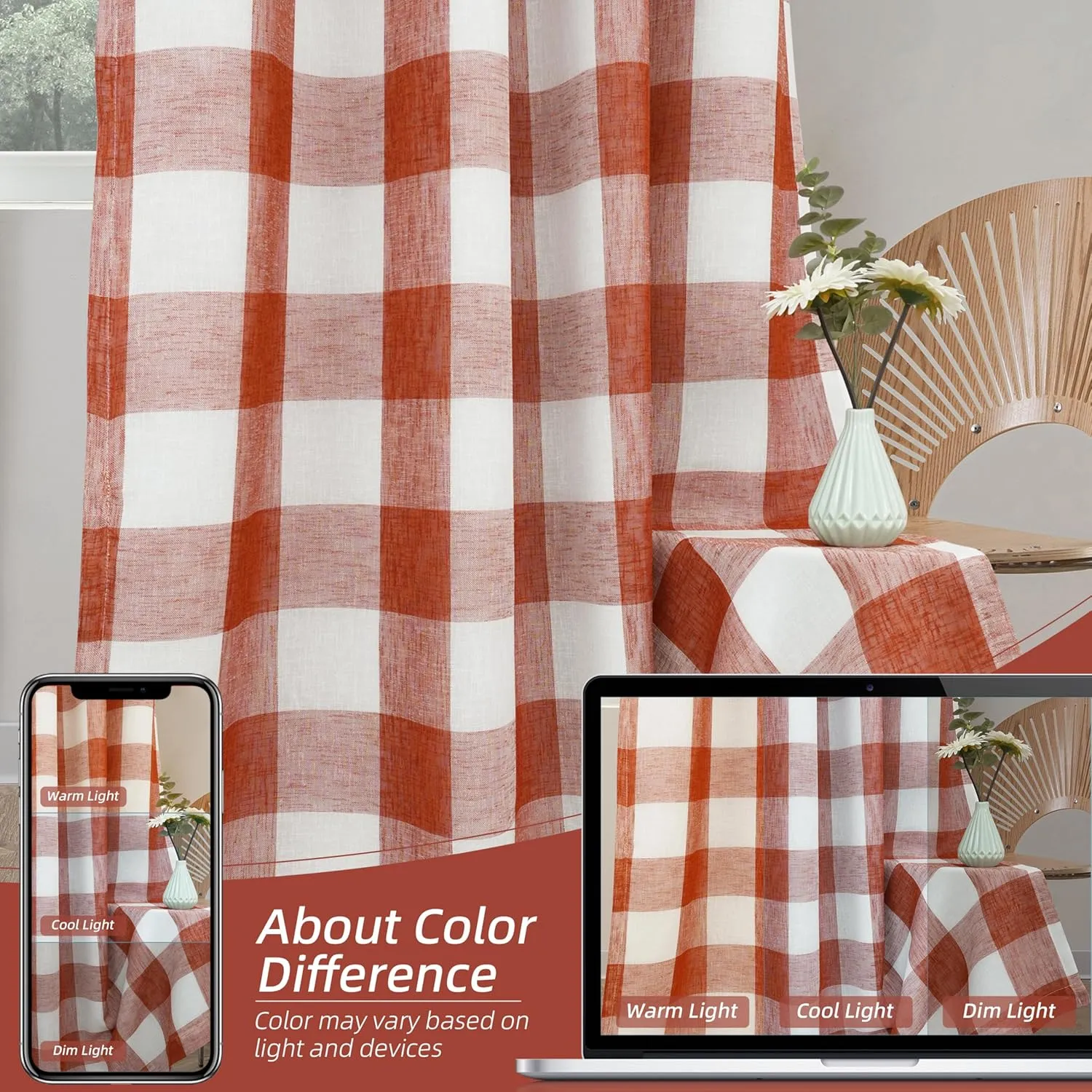 DriftAway Buffalo Plaid Check Curtains Woven Plaid Pattern Lined Blackout Thermal Insulated Window Curtain Grommet 2 Layers 2 Panels 52 Inch by 84 Inch Burnt Orange