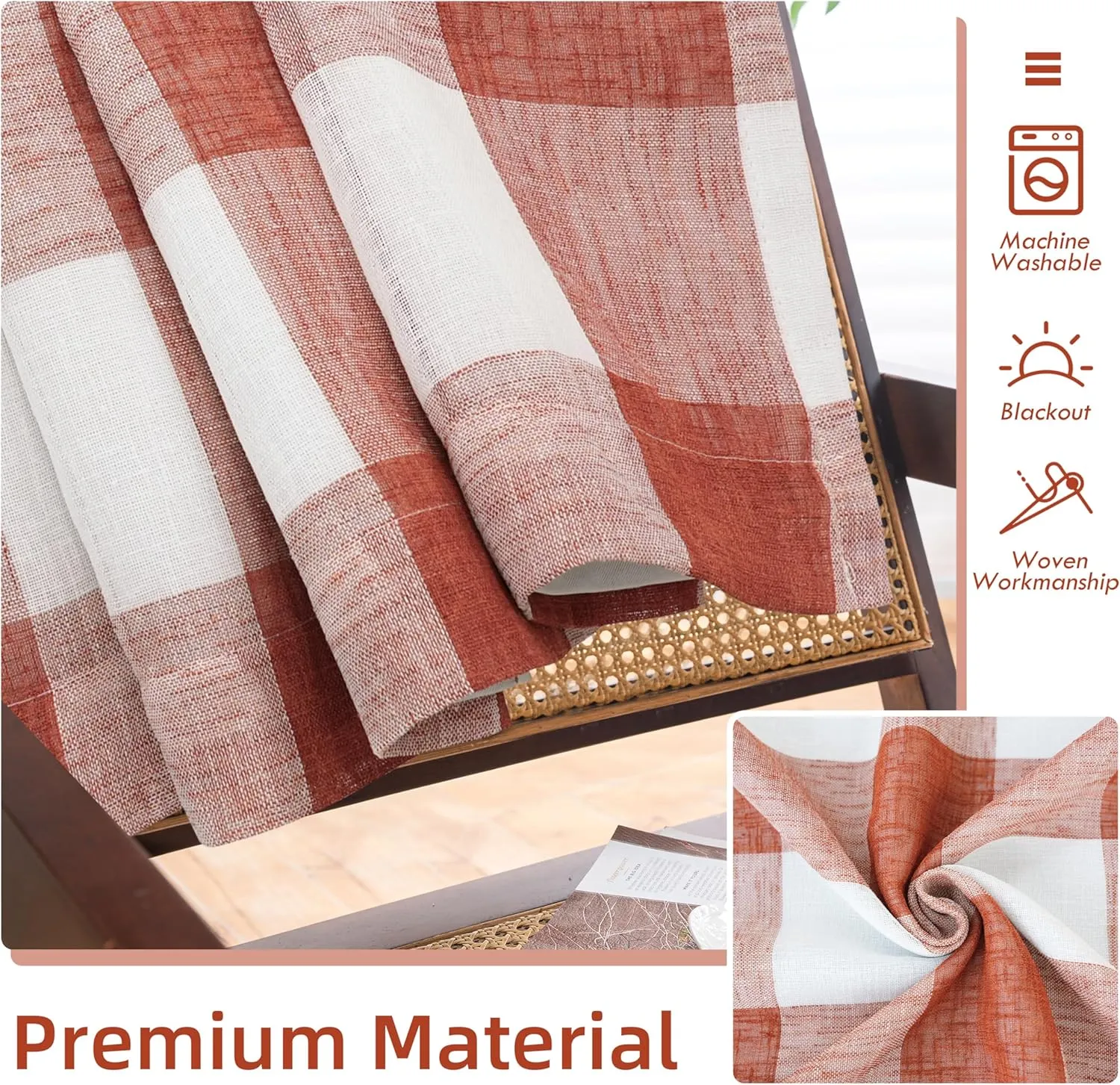 DriftAway Buffalo Plaid Check Curtains Woven Plaid Pattern Lined Blackout Thermal Insulated Window Curtain Grommet 2 Layers 2 Panels 52 Inch by 84 Inch Burnt Orange