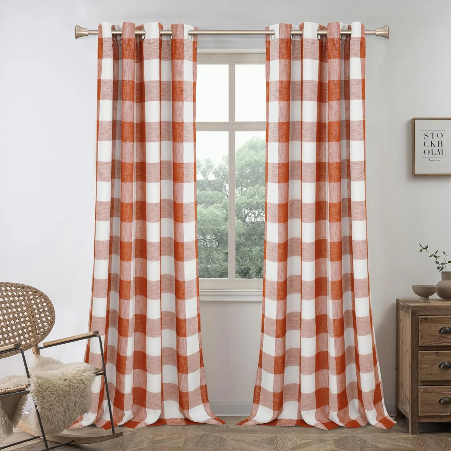 DriftAway Buffalo Plaid Check Curtains Woven Plaid Pattern Lined Blackout Thermal Insulated Window Curtain Grommet 2 Layers 2 Panels 52 Inch by 84 Inch Burnt Orange