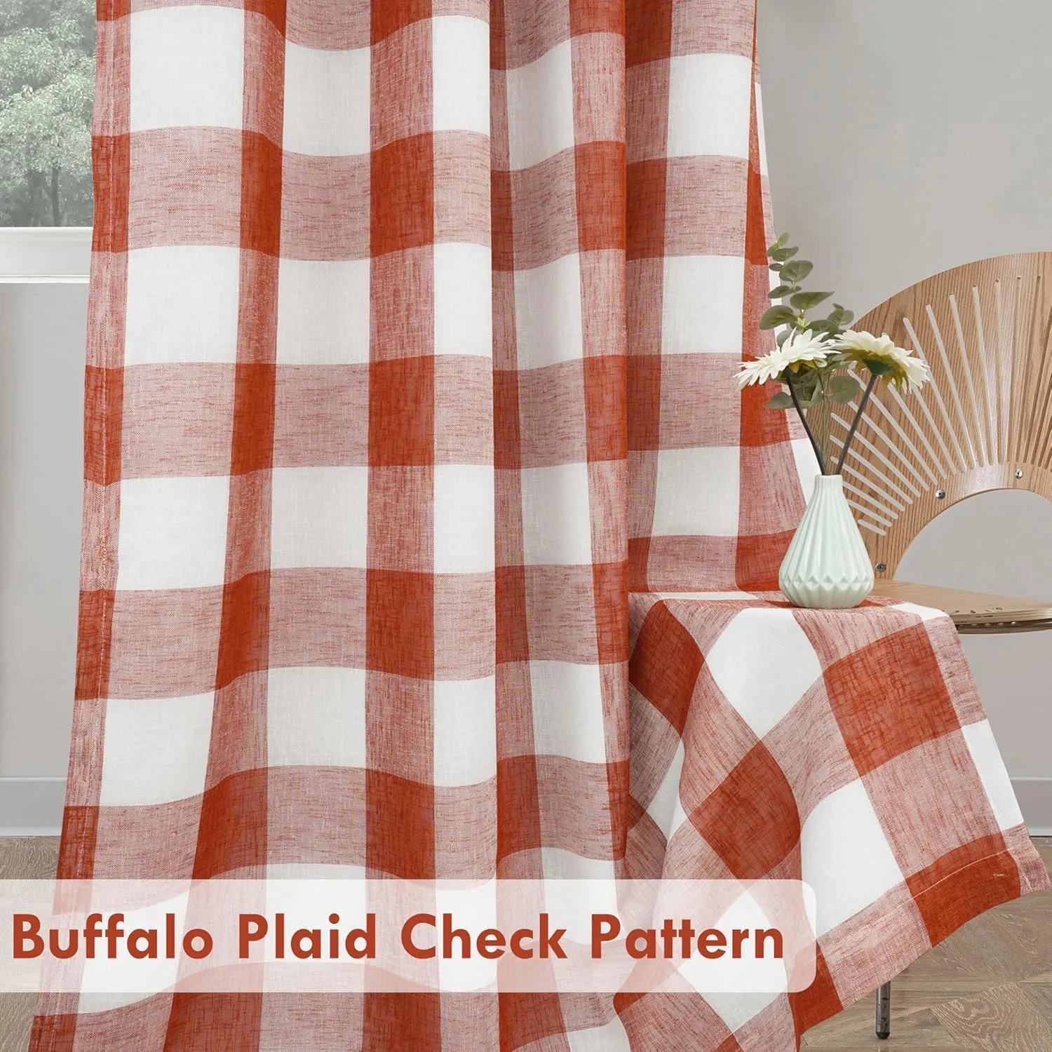 DriftAway Buffalo Plaid Check Curtains Woven Plaid Pattern Lined Blackout Thermal Insulated Window Curtain Grommet 2 Layers 2 Panels 52 Inch by 84 Inch Burnt Orange