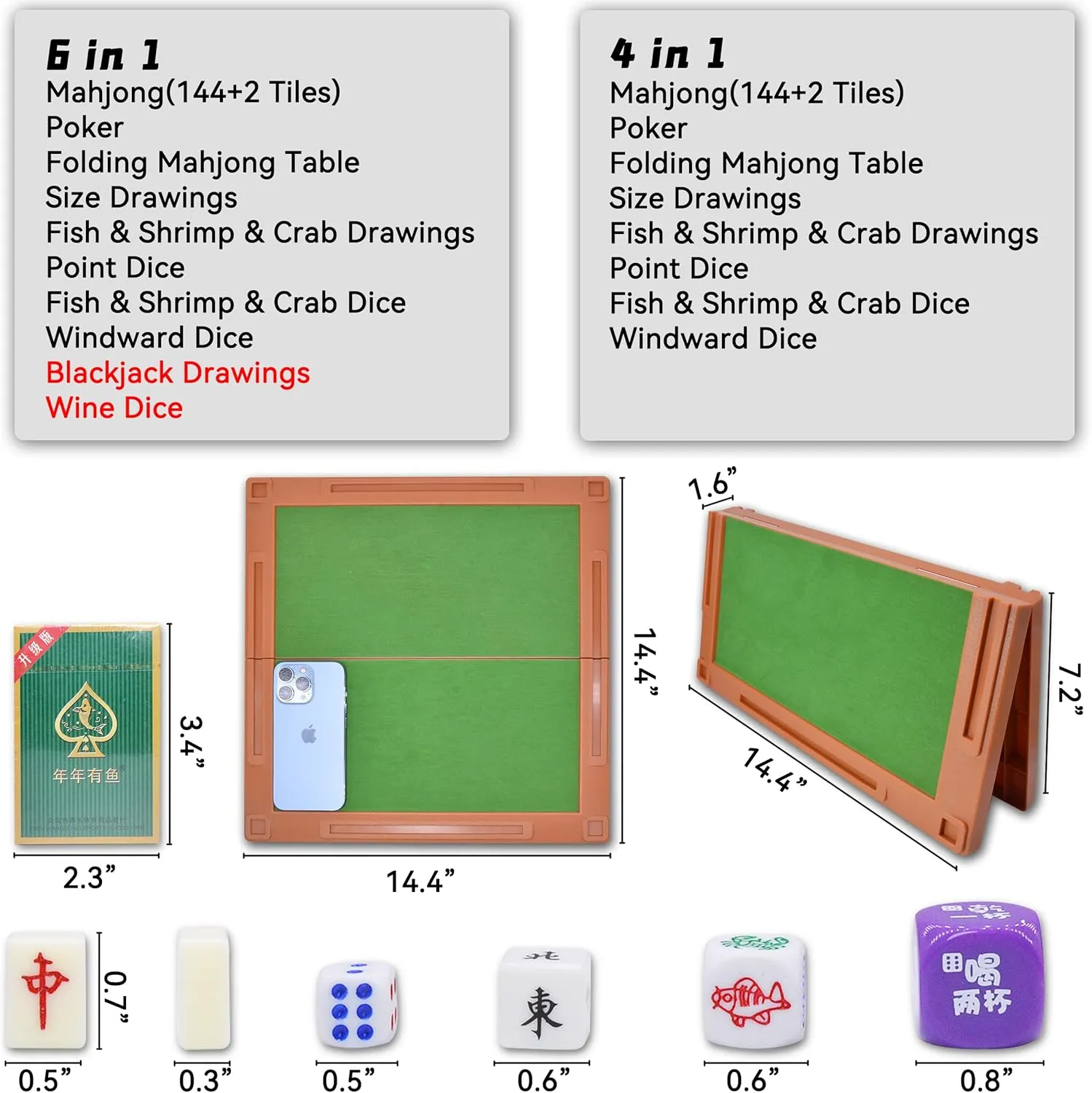 drizzle Travel Mahjong Set 4 in 1 with Mahjong Table - 146 Tiles Portable Size Mah-Jongg - Poker Size Drawings Fish & Shrimp & Crab Drawings - Travel Board Games Dormitories 旅行麻将