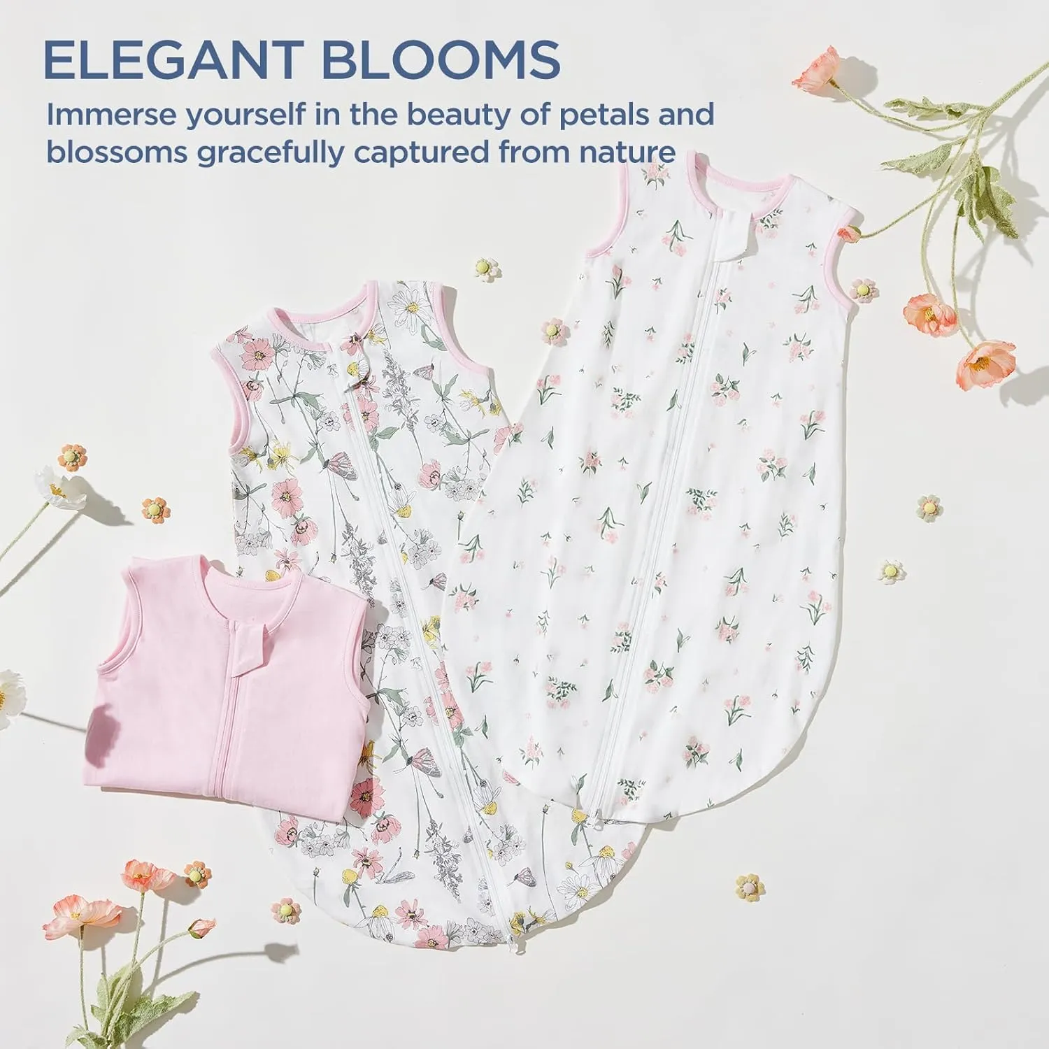Duomiaomiao 3 Pack Baby Sleep Sack 100% Organic Cotton Lightweight Breathable Comfy Toddler Sleeping Sack (0.5tog Flowers, Medium)