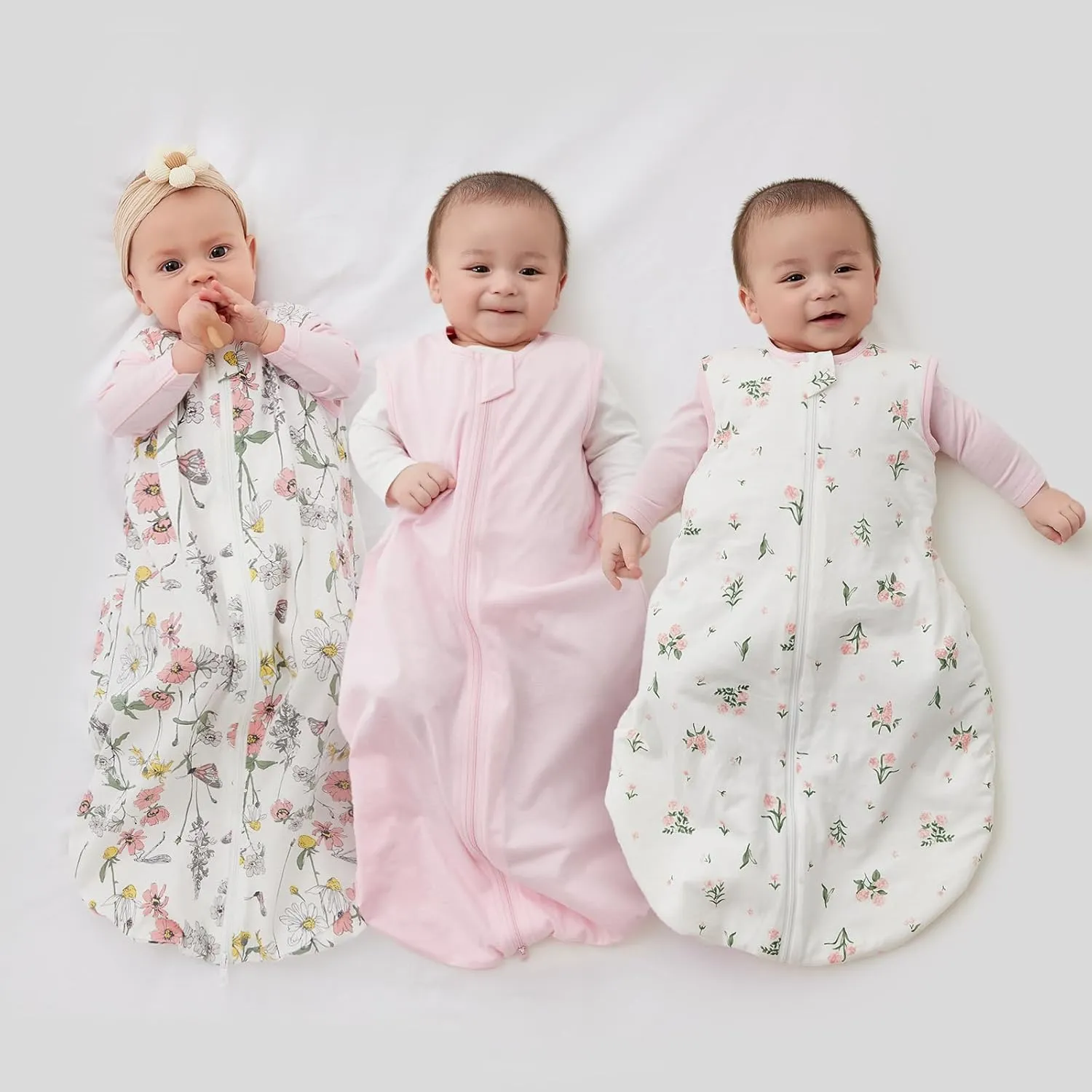 Duomiaomiao 3 Pack Baby Sleep Sack 100% Organic Cotton Lightweight Breathable Comfy Toddler Sleeping Sack (0.5tog Flowers, Medium)
