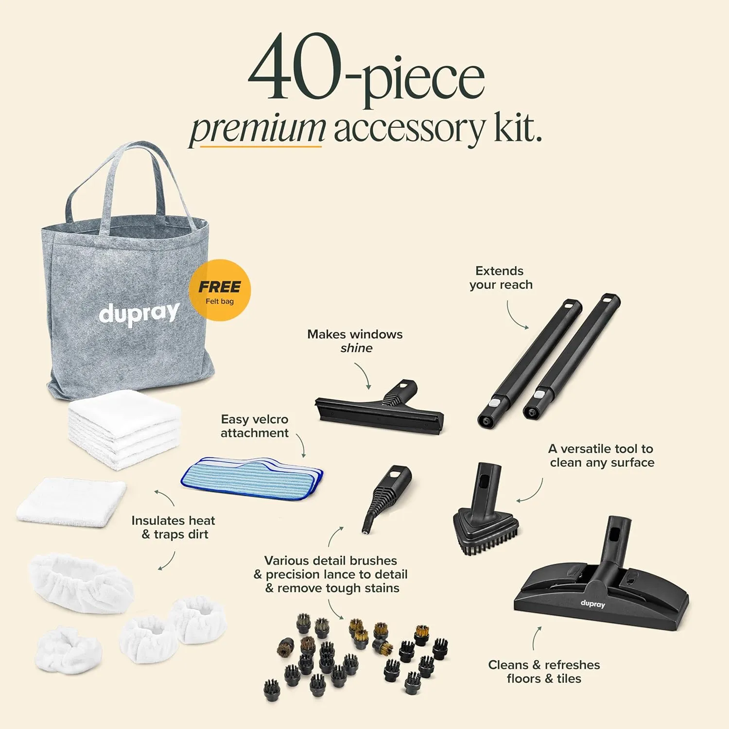 Dupray Neat Steam Cleaner with 40-Piece Accessory Kit, Powerful, chemical-free cleaning for floors, cars, tiles, grout, and more, offering deep cleaning performance