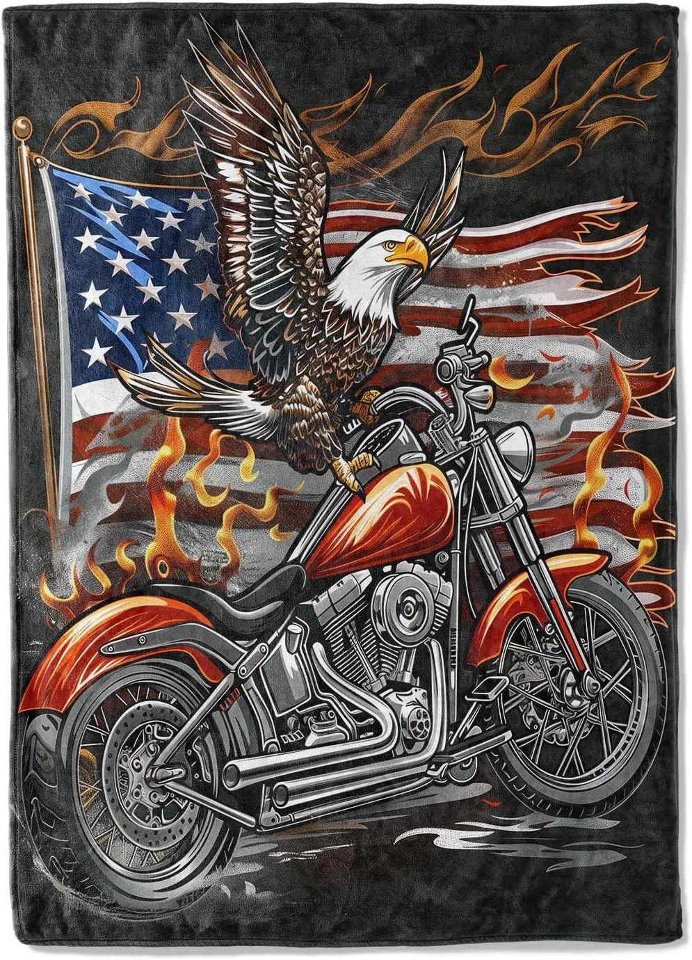 Eagle & American Flag Motorcycle Plush Flannel Throw Blanket - Soft, Warm, Comfy, Lightweight, Anti-Pilling, Fuzzy Cover for Couch, Bed, Travel - Unisex Design 60×80in