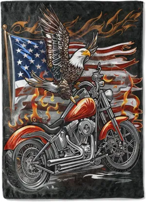 Eagle & American Flag Motorcycle Plush Flannel Throw Blanket - Soft, Warm, Comfy, Lightweight, Anti-Pilling, Fuzzy Cover for Couch, Bed, Travel - Unisex Design 60×80in