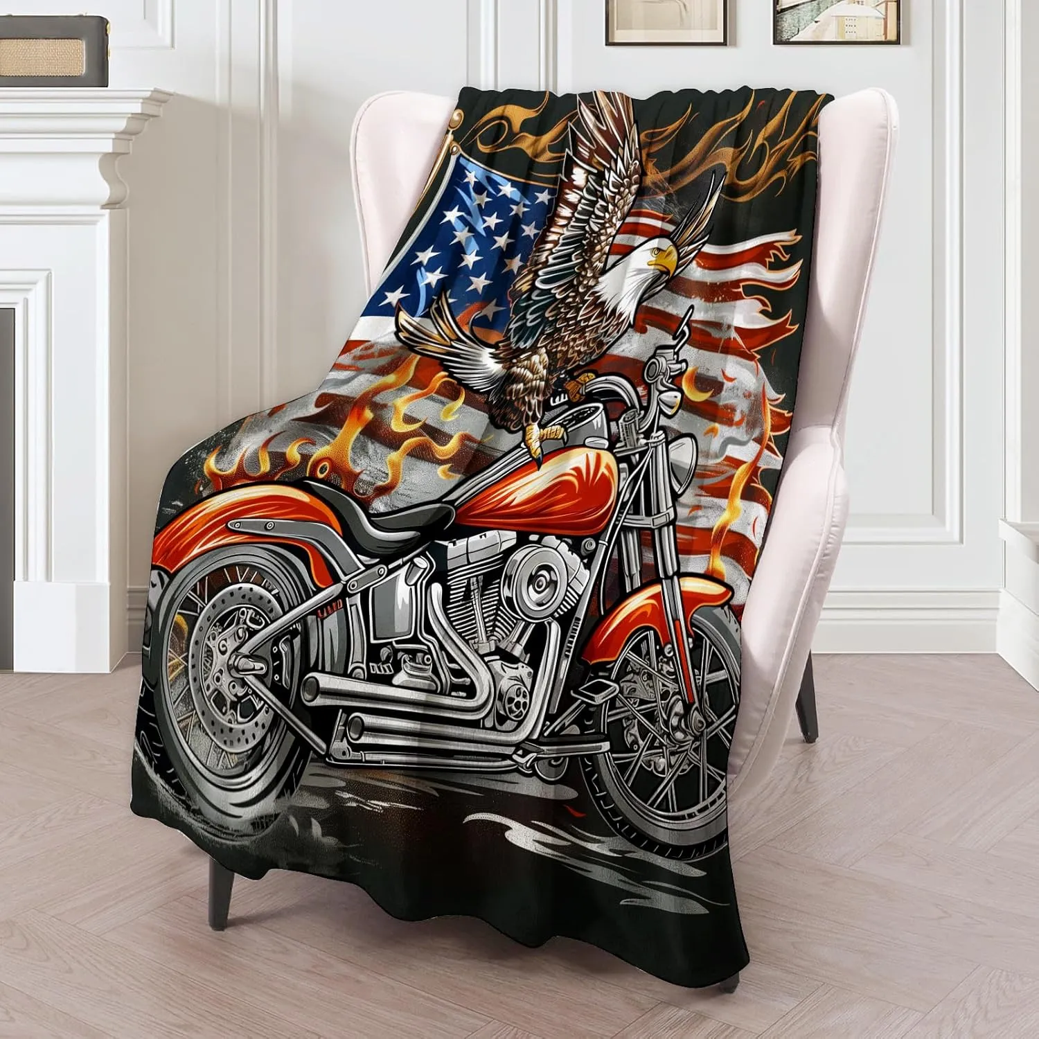Eagle & American Flag Motorcycle Plush Flannel Throw Blanket - Soft, Warm, Comfy, Lightweight, Anti-Pilling, Fuzzy Cover for Couch, Bed, Travel - Unisex Design 60×80in