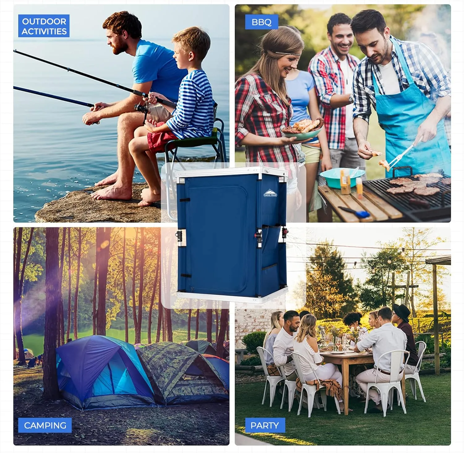 EAGLE PEAK Outdoor Folding Camping Table with Large 3-Tier Storage Organizer and Side Pockets, Easy Set Up Portable Aluminum Camping Kitchen, Blue