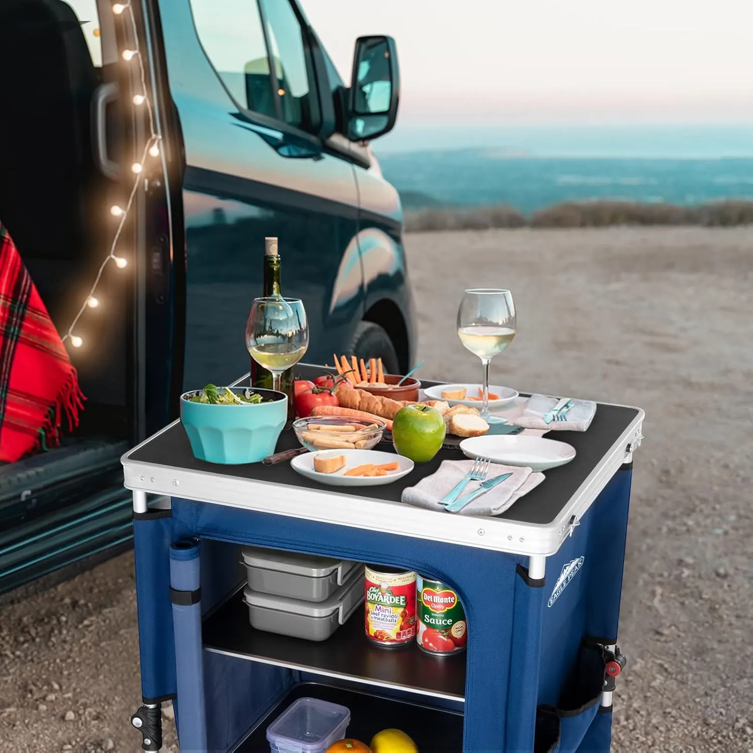 EAGLE PEAK Outdoor Folding Camping Table with Large 3-Tier Storage Organizer and Side Pockets, Easy Set Up Portable Aluminum Camping Kitchen, Blue