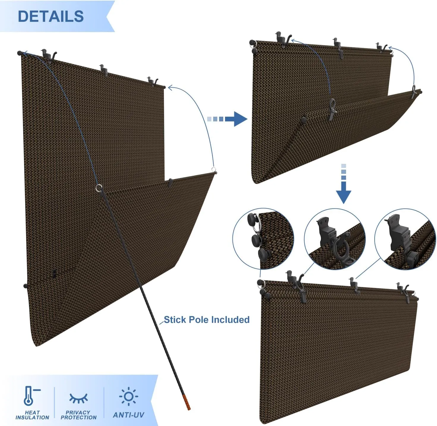 E&K Sunrise 4'W x 6'H Foldable Outdoor Sun Shade Cordless Blinds UV Block Exterior Sun Screen for Patio Porch Backyard Gazebo Deck Pergola (Brown)