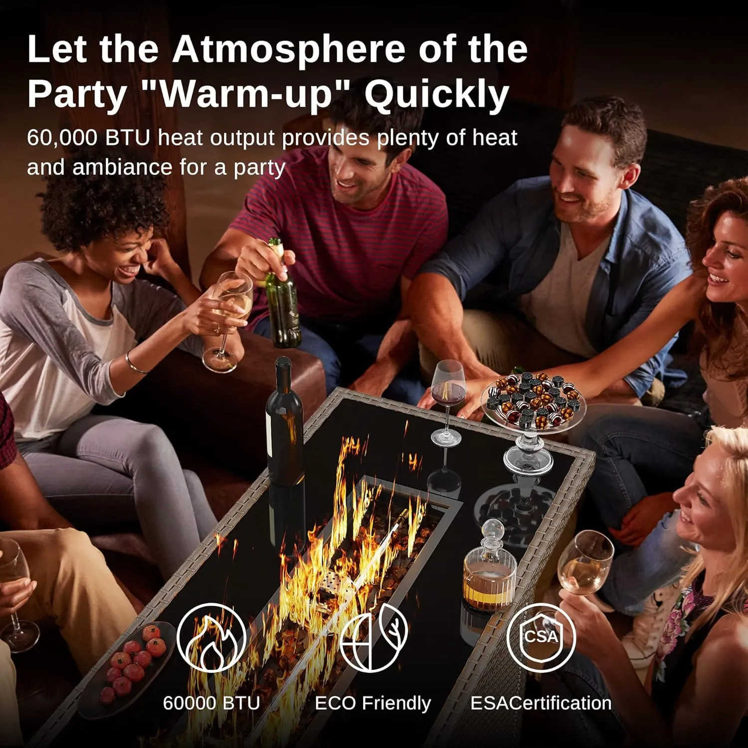 EAST OAK 57" Gas Fire Pit Table, 60,000 BTU Propane Fire Pit w/Large Tempered Glass Desktop, CSA Certified Outdoor Patio Fire Table with 9.2lb Glass Stone & Removable Lid, Chocolaty Coffee