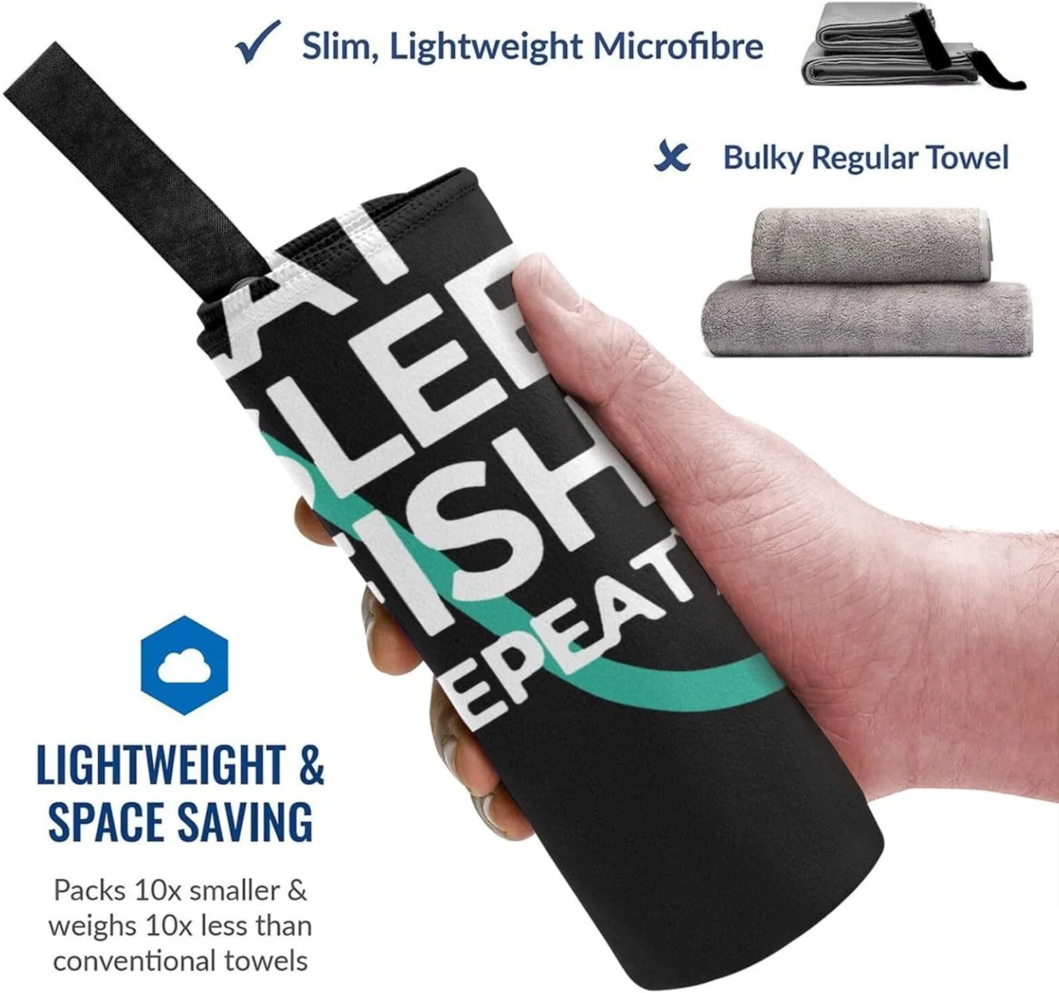 Eat Sleep Fish Repeat Beach Towel with Travel Bag 27.5"x55" Quick Dry Sand Free Lightweight Large Oversized Towels Light Vacation Essentials