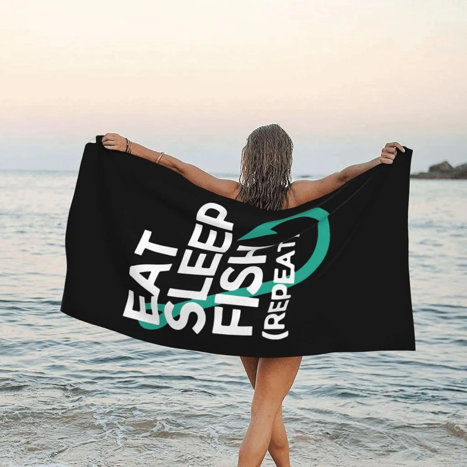 Eat Sleep Fish Repeat Beach Towel with Travel Bag 27.5"x55" Quick Dry Sand Free Lightweight Large Oversized Towels Light Vacation Essentials