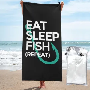 Eat Sleep Fish Repeat Beach Towel with Travel Bag 27.5"x55" Quick Dry Sand Free Lightweight Large Oversized Towels Light Vacation Essentials