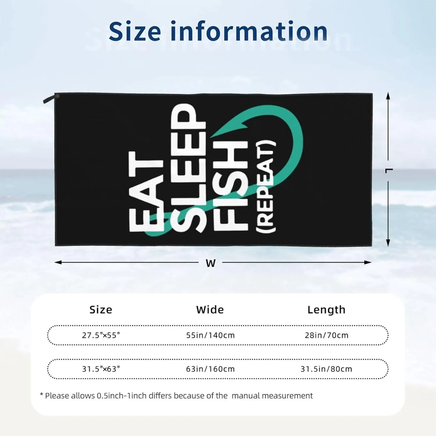 Eat Sleep Fish Repeat Beach Towel with Travel Bag 27.5"x55" Quick Dry Sand Free Lightweight Large Oversized Towels Light Vacation Essentials