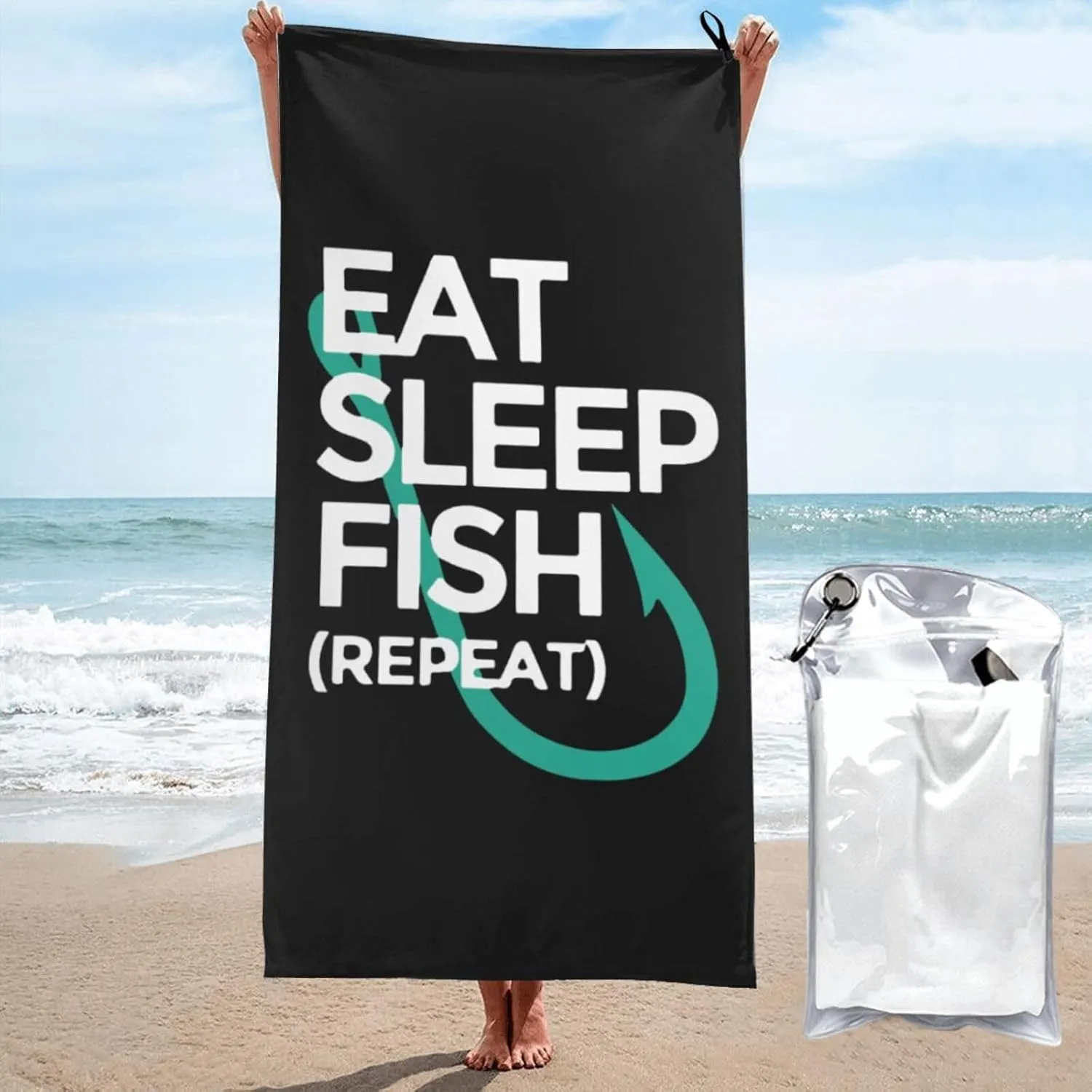 Eat Sleep Fish Repeat Beach Towel with Travel Bag 27.5"x55" Quick Dry Sand Free Lightweight Large Oversized Towels Light Vacation Essentials