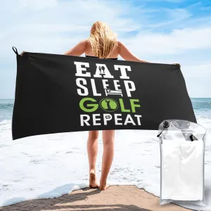 Eat Sleep Golf Repeat Beach Towel with Travel Bag 27.5"x55" Quick Dry Sand Free Lightweight Large Oversized Towels Light Vacation Essentials
