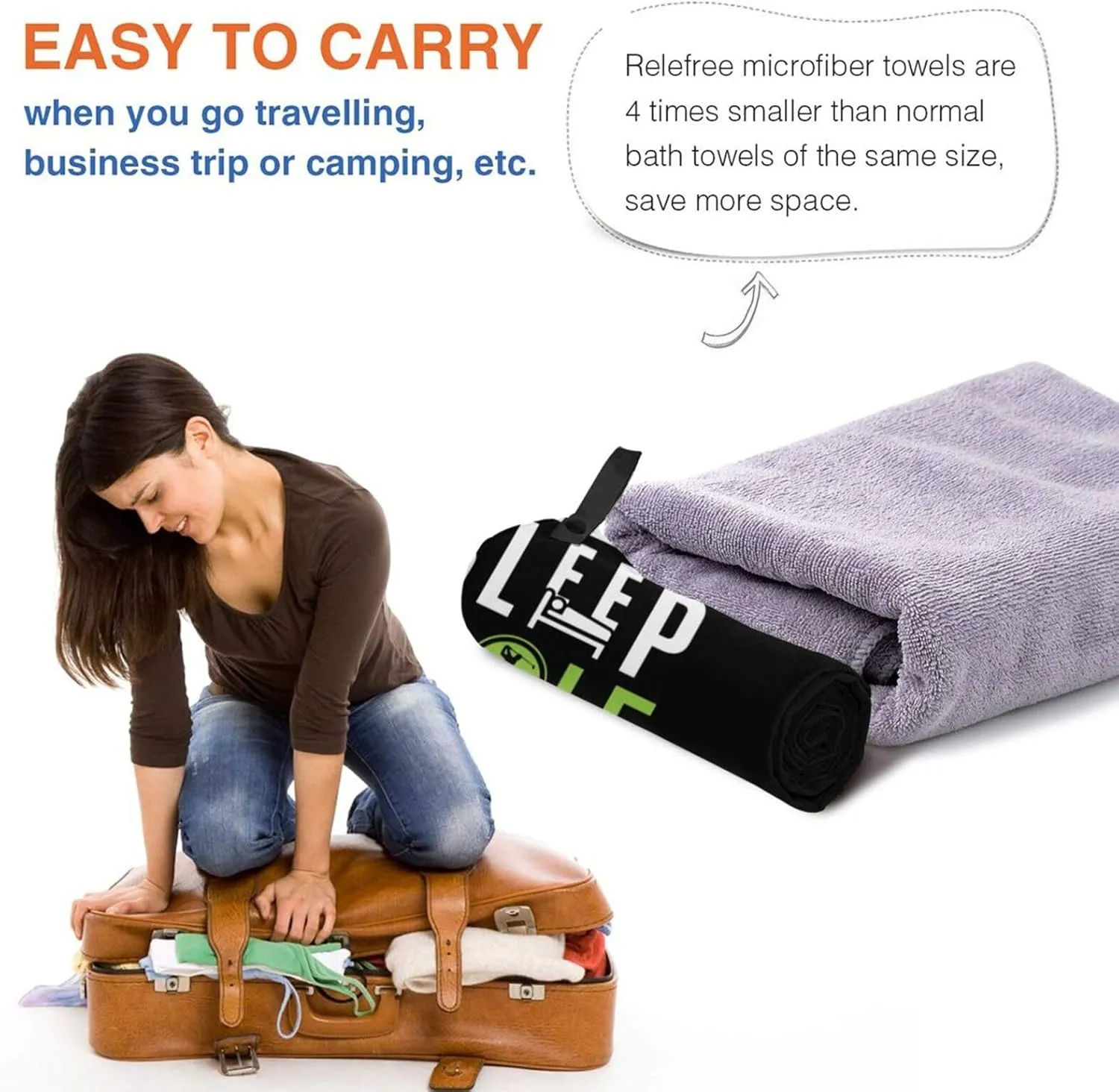 Eat Sleep Golf Repeat Beach Towel with Travel Bag 27.5"x55" Quick Dry Sand Free Lightweight Large Oversized Towels Light Vacation Essentials