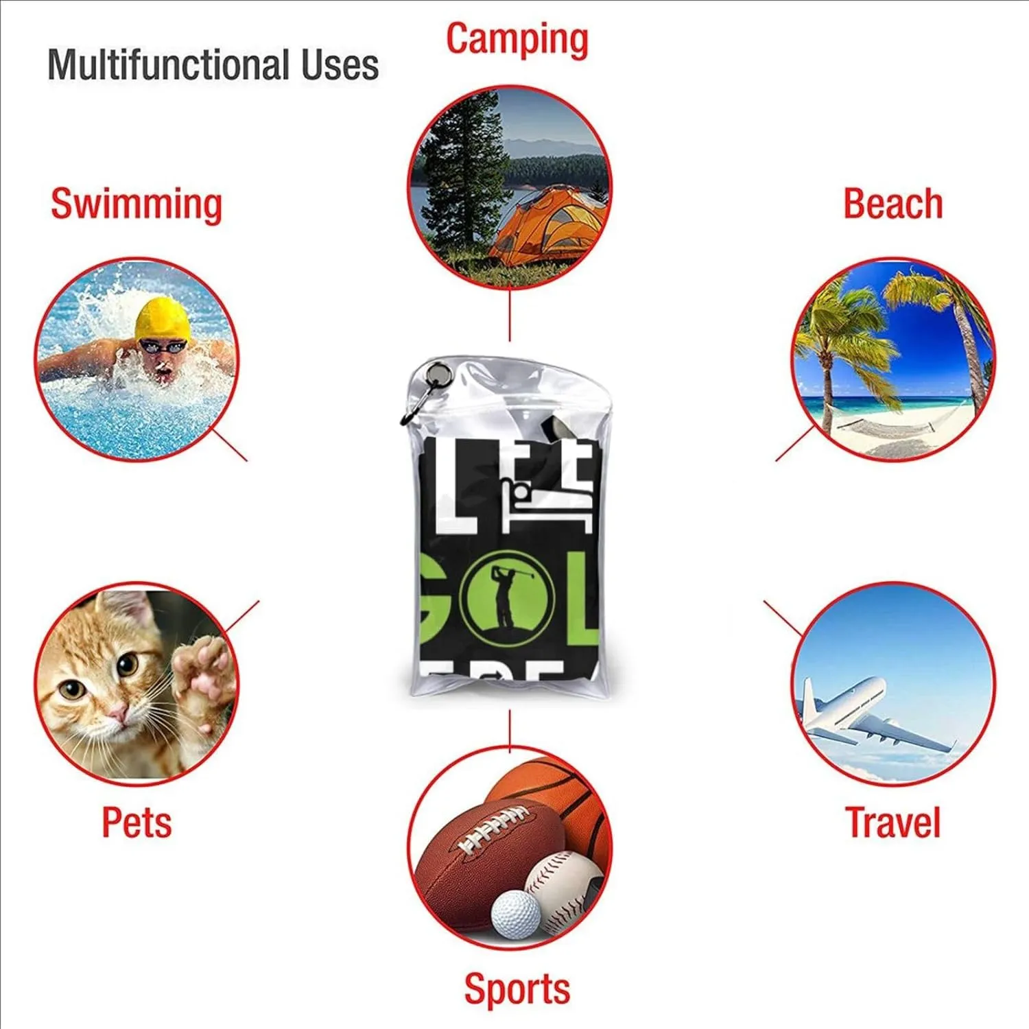 Eat Sleep Golf Repeat Beach Towel with Travel Bag 27.5"x55" Quick Dry Sand Free Lightweight Large Oversized Towels Light Vacation Essentials