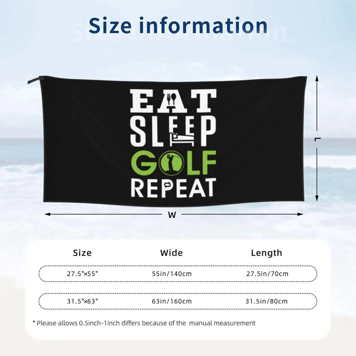 Eat Sleep Golf Repeat Beach Towel with Travel Bag 27.5"x55" Quick Dry Sand Free Lightweight Large Oversized Towels Light Vacation Essentials