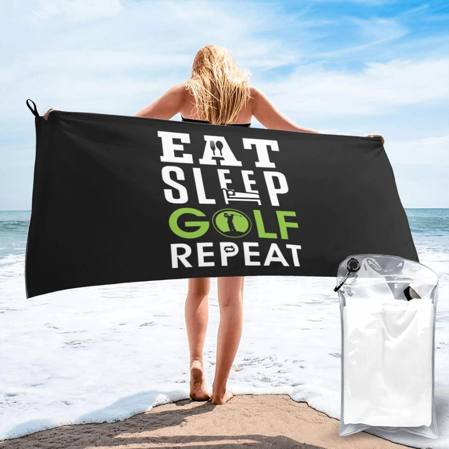 Eat Sleep Golf Repeat Beach Towel with Travel Bag 27.5"x55" Quick Dry Sand Free Lightweight Large Oversized Towels Light Vacation Essentials
