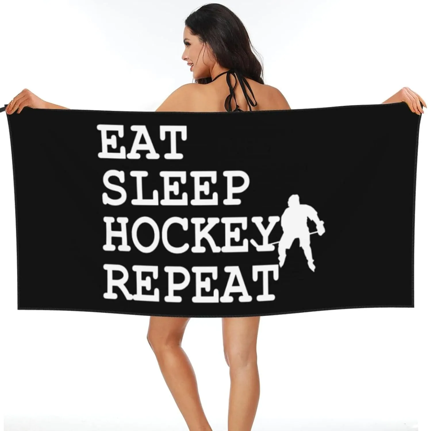 Eat Sleep Hockey Repeat Beach Towel with Travel Bag 27.5"x55" Quick Dry Sand Free Lightweight Large Oversized Towels Light Vacation Essentials