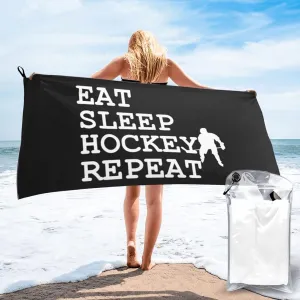 Eat Sleep Hockey Repeat Beach Towel with Travel Bag 27.5"x55" Quick Dry Sand Free Lightweight Large Oversized Towels Light Vacation Essentials