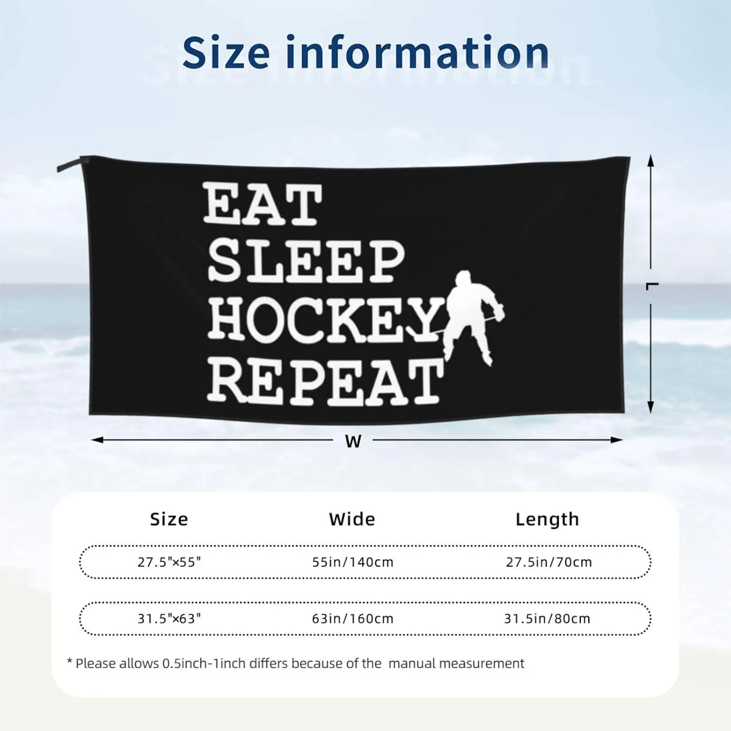 Eat Sleep Hockey Repeat Beach Towel with Travel Bag 27.5"x55" Quick Dry Sand Free Lightweight Large Oversized Towels Light Vacation Essentials