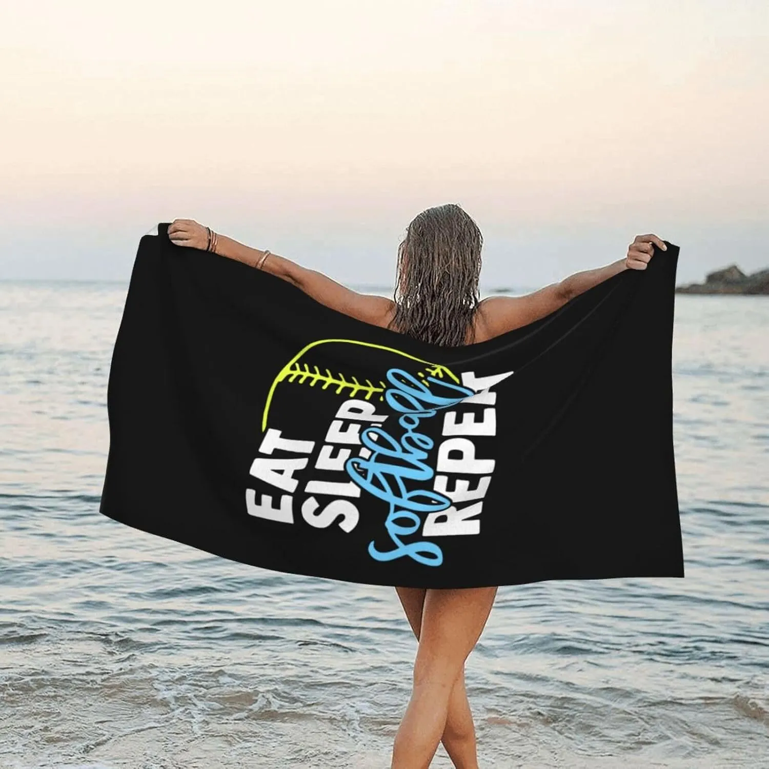 Eat Sleep Softball Beach Towel with Travel Bag 27.5"x55" Quick Dry Sand Free Lightweight Large Oversized Towels Light Vacation Essentials