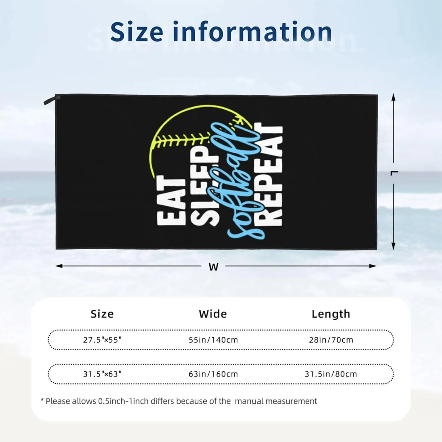 Eat Sleep Softball Beach Towel with Travel Bag 27.5"x55" Quick Dry Sand Free Lightweight Large Oversized Towels Light Vacation Essentials