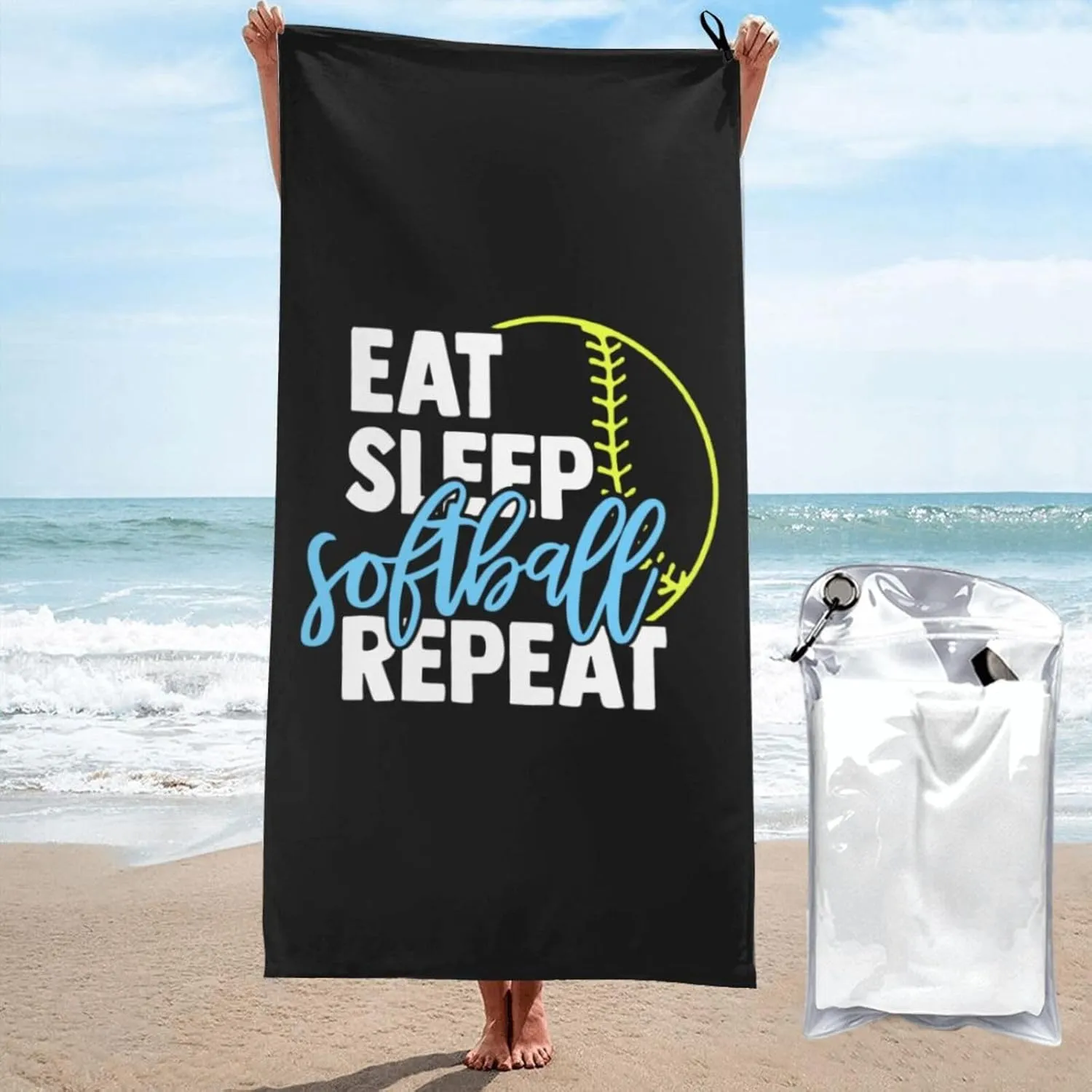 Eat Sleep Softball Beach Towel with Travel Bag 27.5"x55" Quick Dry Sand Free Lightweight Large Oversized Towels Light Vacation Essentials