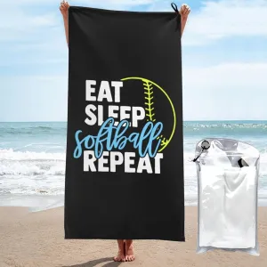 Eat Sleep Softball Beach Towel with Travel Bag 27.5"x55" Quick Dry Sand Free Lightweight Large Oversized Towels Light Vacation Essentials