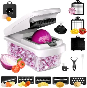 Effortless Meal Prep,All in one Vegetable Chopper with Container,Onion Dicer,Mandoline Slicer & Cucumber Slicer,Includes Strainer, Egg Separator & Peeler,Non-Slip Base & Safety Guard,Chop 50% Faster