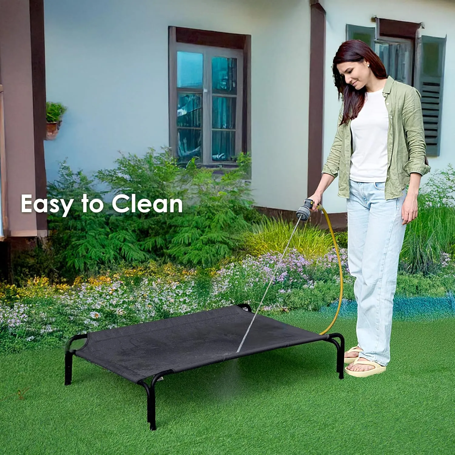 EHEYCIGA Reinforced Elevated Large Dog Cot Bed, Raised Outdoor Dog Hammock, Lifted Pet Platform with Frame and Washable Waterproof Cooling Teslin Mesh and Anti-Slip Feet, 43x26 inch
