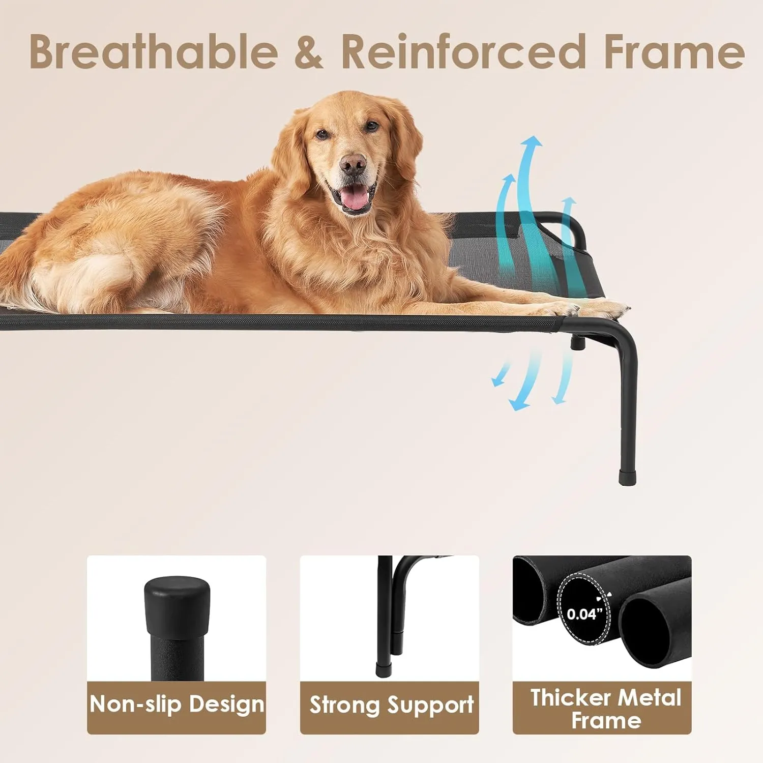 EHEYCIGA Reinforced Elevated Large Dog Cot Bed, Raised Outdoor Dog Hammock, Lifted Pet Platform with Frame and Washable Waterproof Cooling Teslin Mesh and Anti-Slip Feet, 43x26 inch